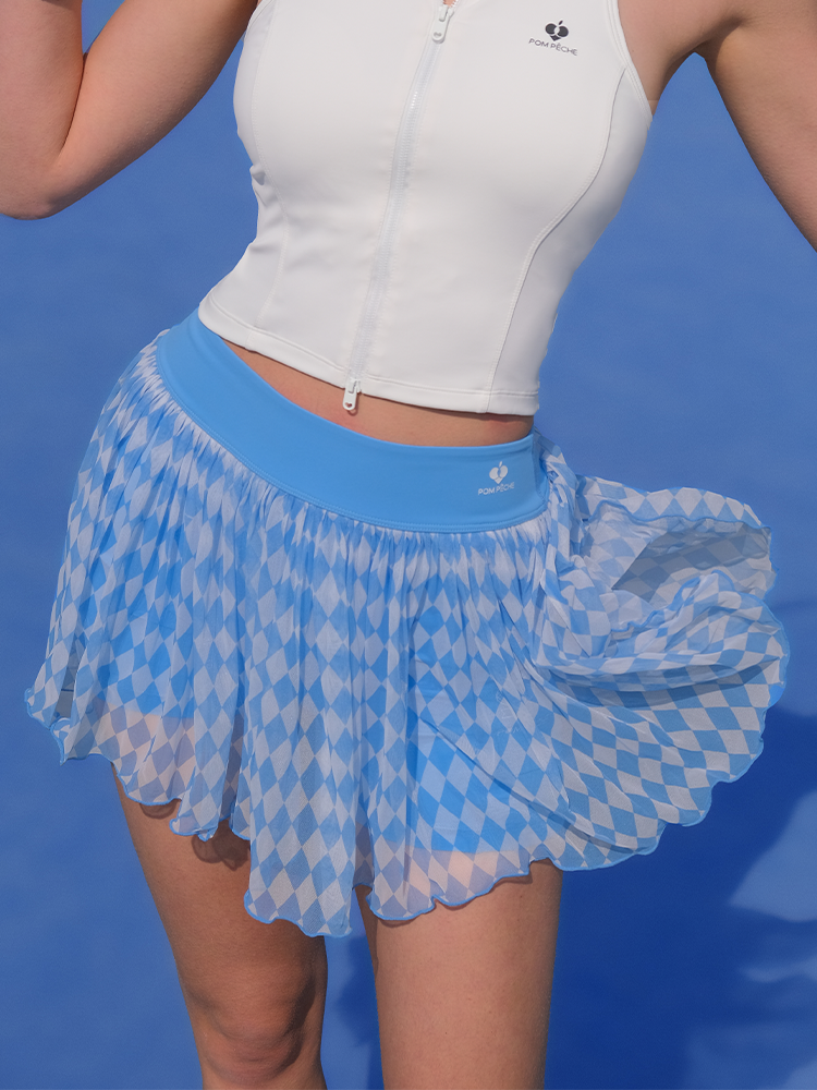 Cyan See-through Mesh Tennis Skirt - Blue Checkerboard