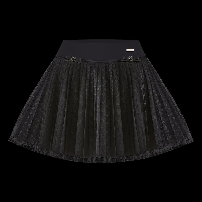 Heart-Dot Pleated Mesh Tennis Skirt - Black