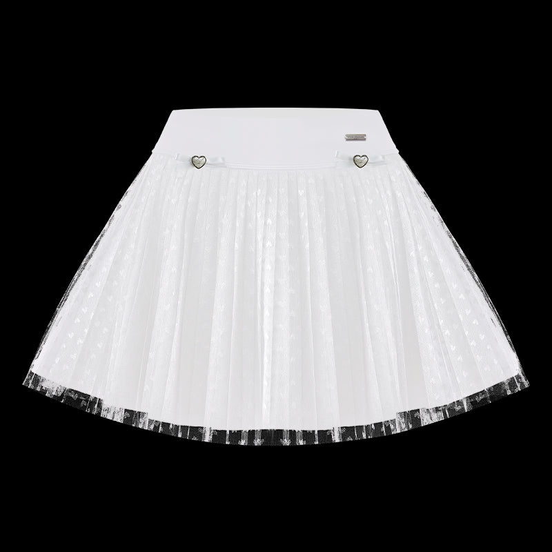 Heart-Dot Pleated Mesh Tennis Skirt - White