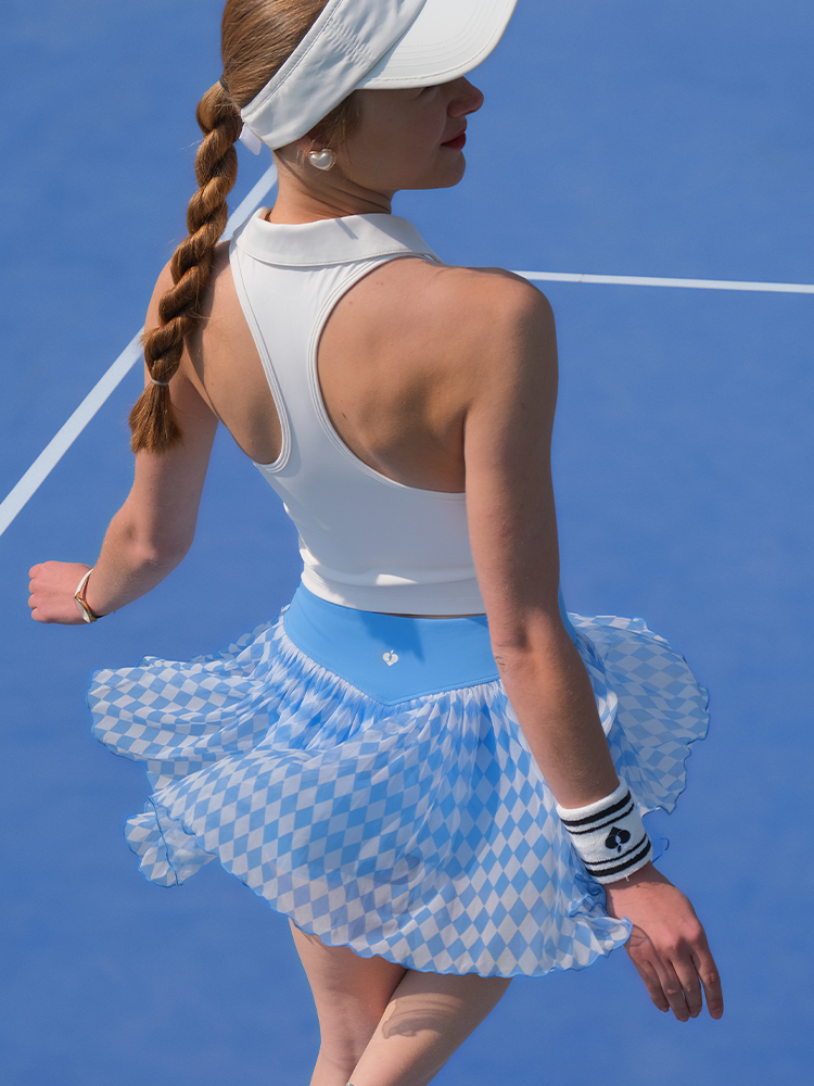Cyan See-through Mesh Tennis Skirt - Blue Checkerboard