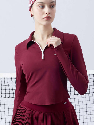 Half-Zip Tennis Collar Top - Wine Red
