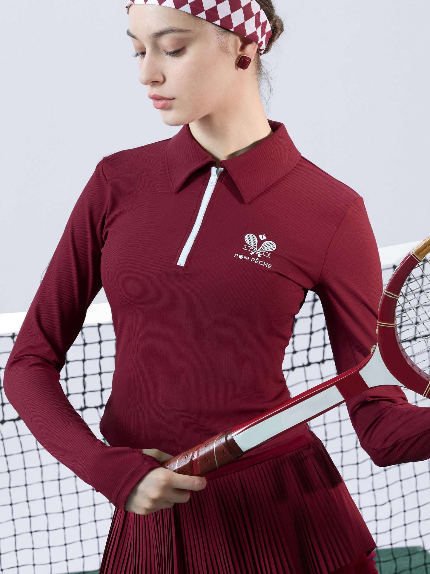 Half-Zip Tennis Collar Top - Wine Red