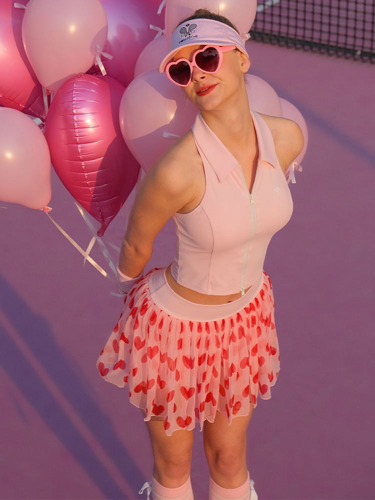 Fleur See-through Mesh Tennis Skirt - Pink Heart