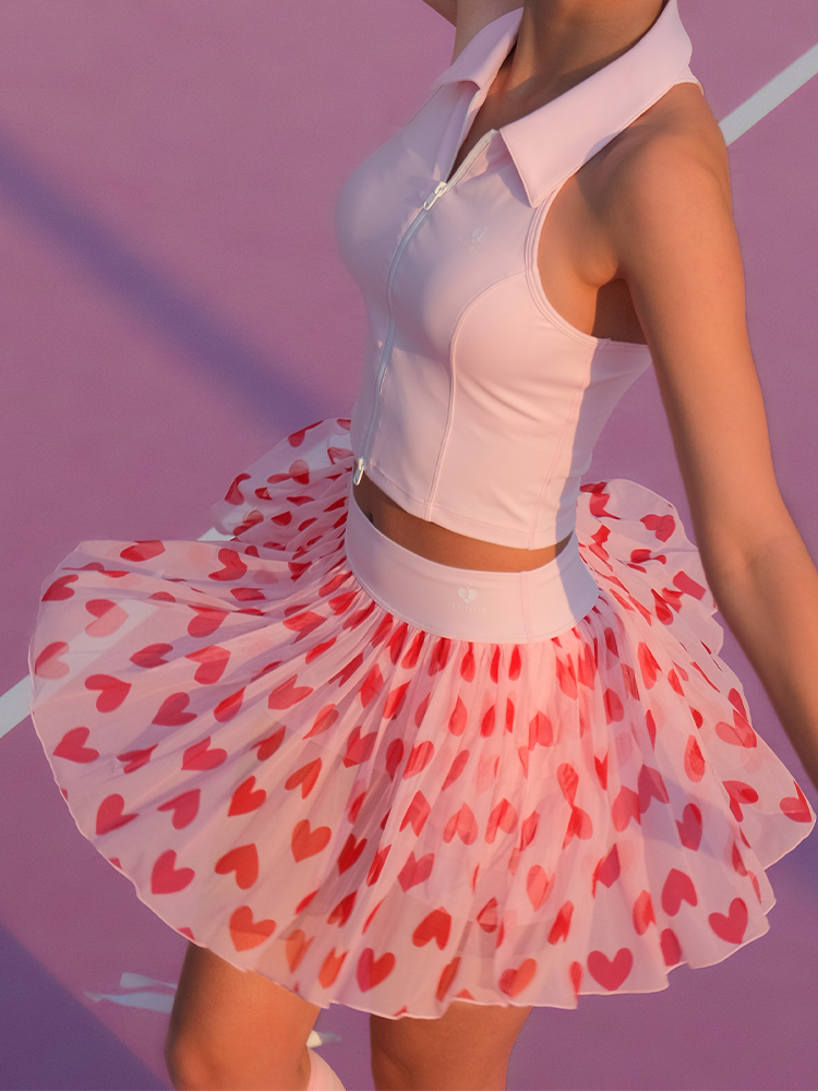 Fleur See-through Mesh Tennis Skirt - Pink Heart