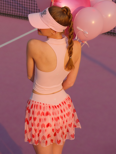 Fleur See-through Mesh Tennis Skirt - Pink Heart