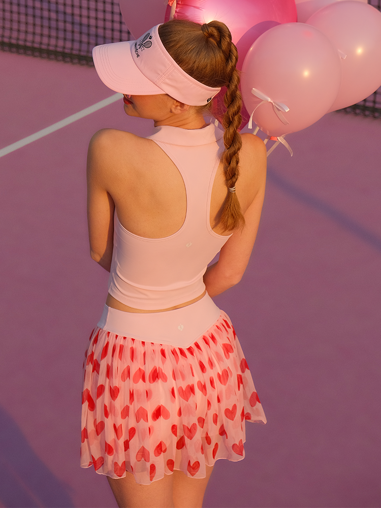 Fleur See-through Mesh Tennis Skirt - Pink Heart