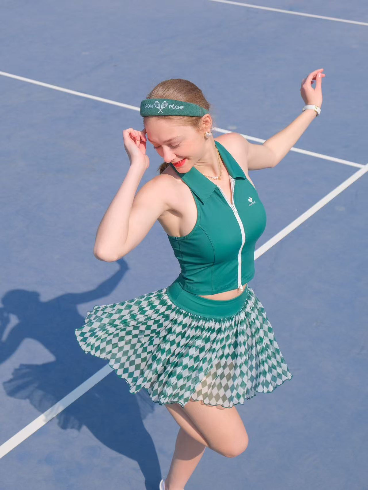 ZINNIA See-through Mesh Tennis Skirt - Green Checkerboard